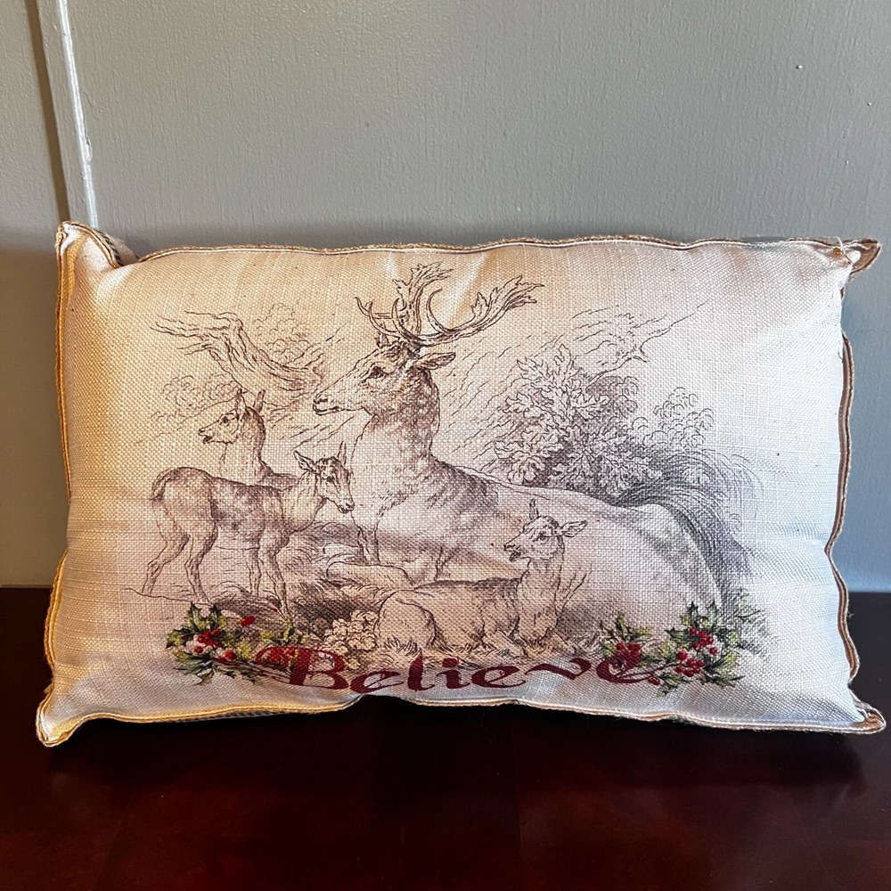 Deer Scene Believe Holiday Throw Pillow Splashworks rustic decor pilow